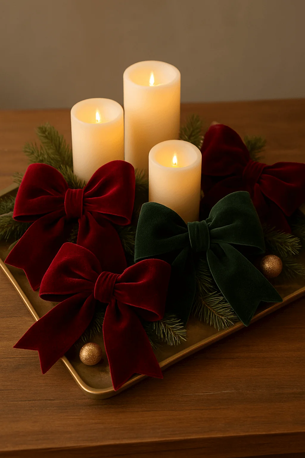 Christmas centerpiece with glowing pillar candles red and green velvet bows evergreen branches and gold ornaments on a tray