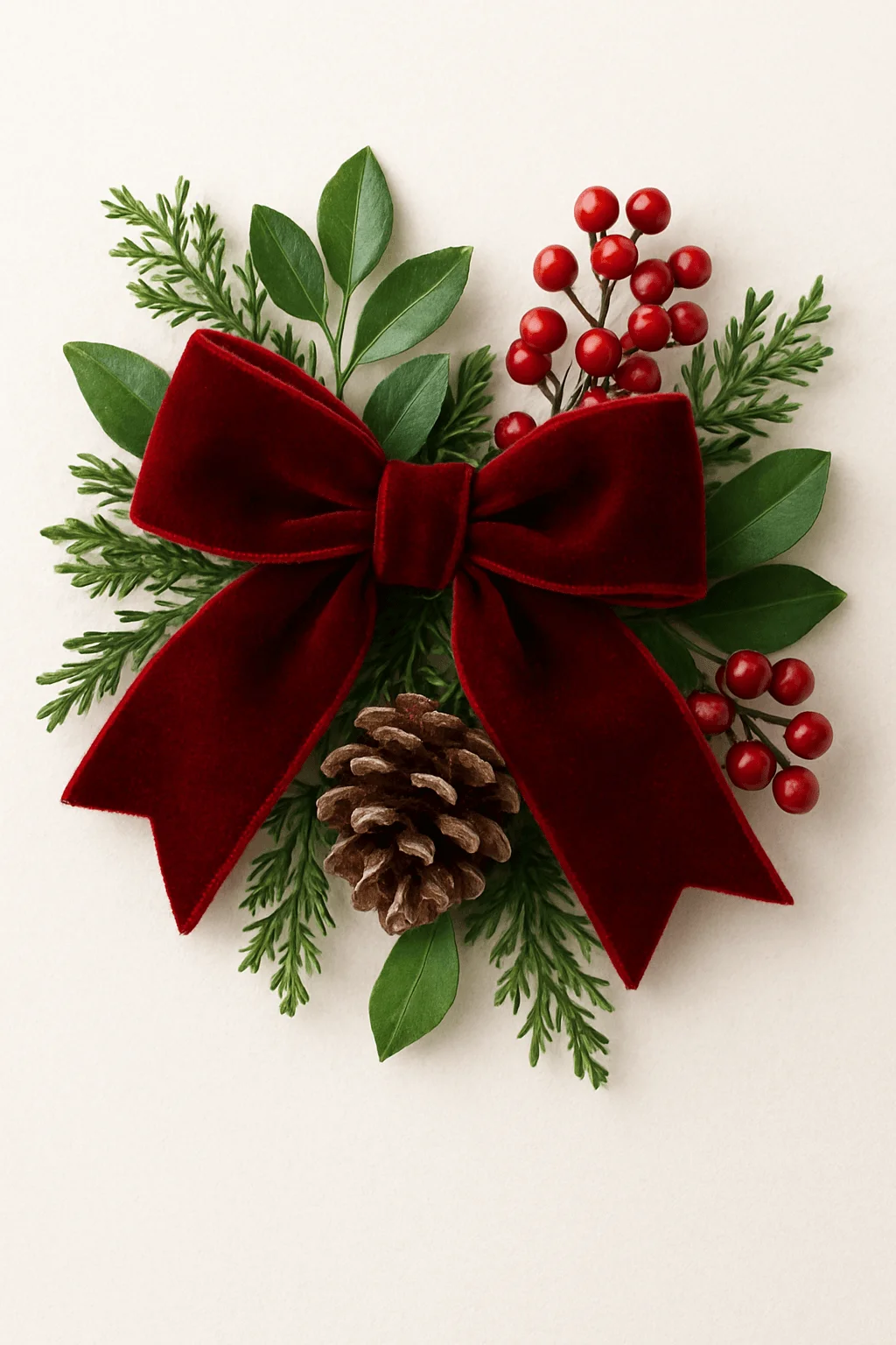 velvet red bow with pine branches pinecone and red berries for Christmas decor