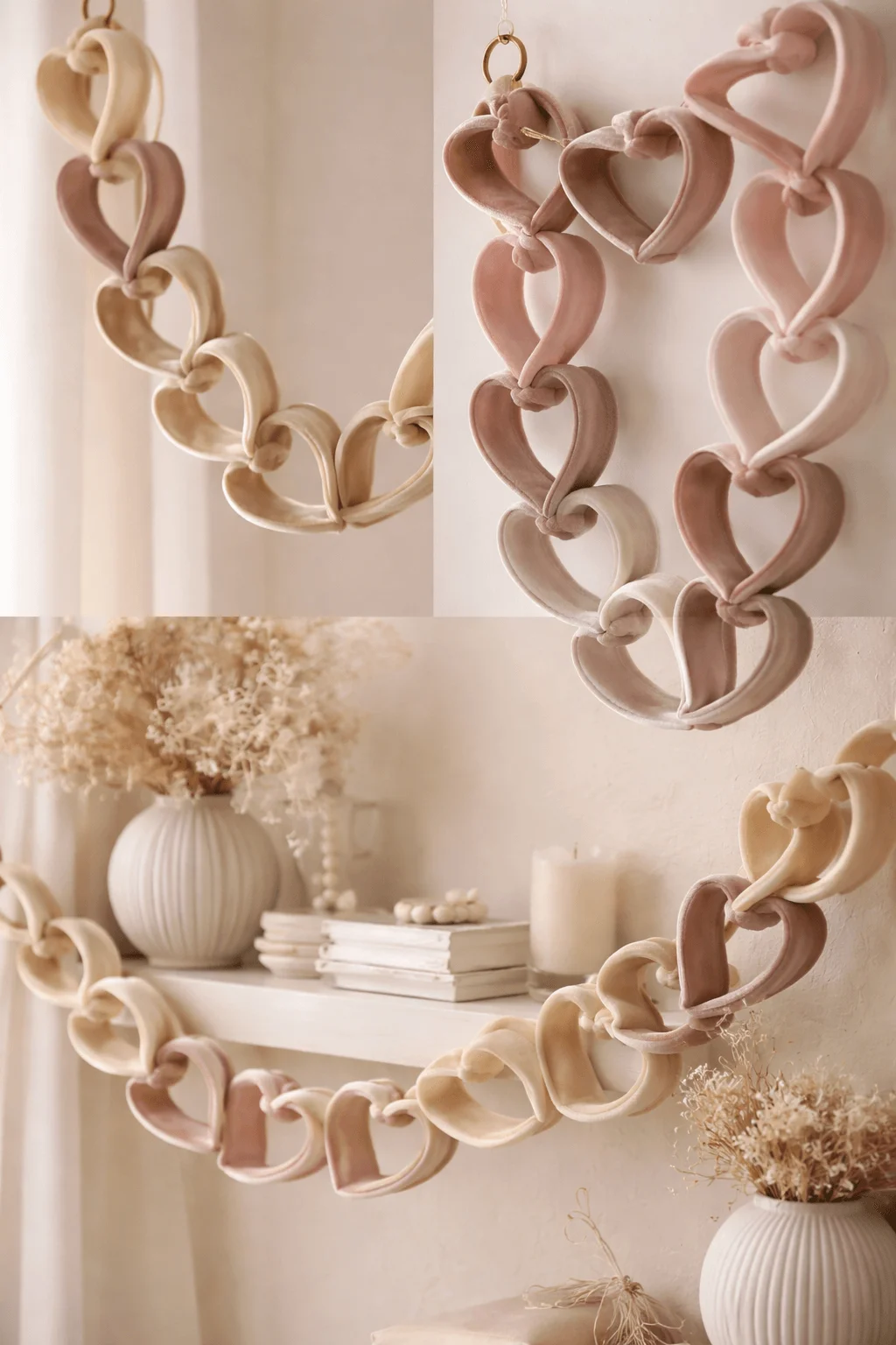 Velvet ribbon heart garland wall decor in soft neutral tones for romantic minimalist home styling