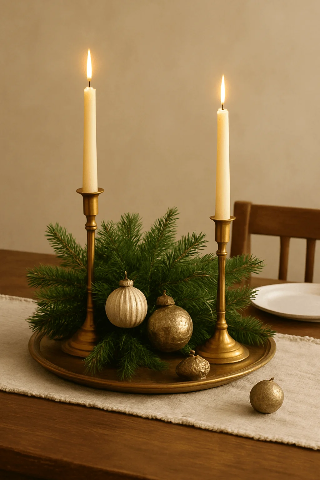 vintage brass candlestick centerpiece with evergreen branches and gold christmas ornaments