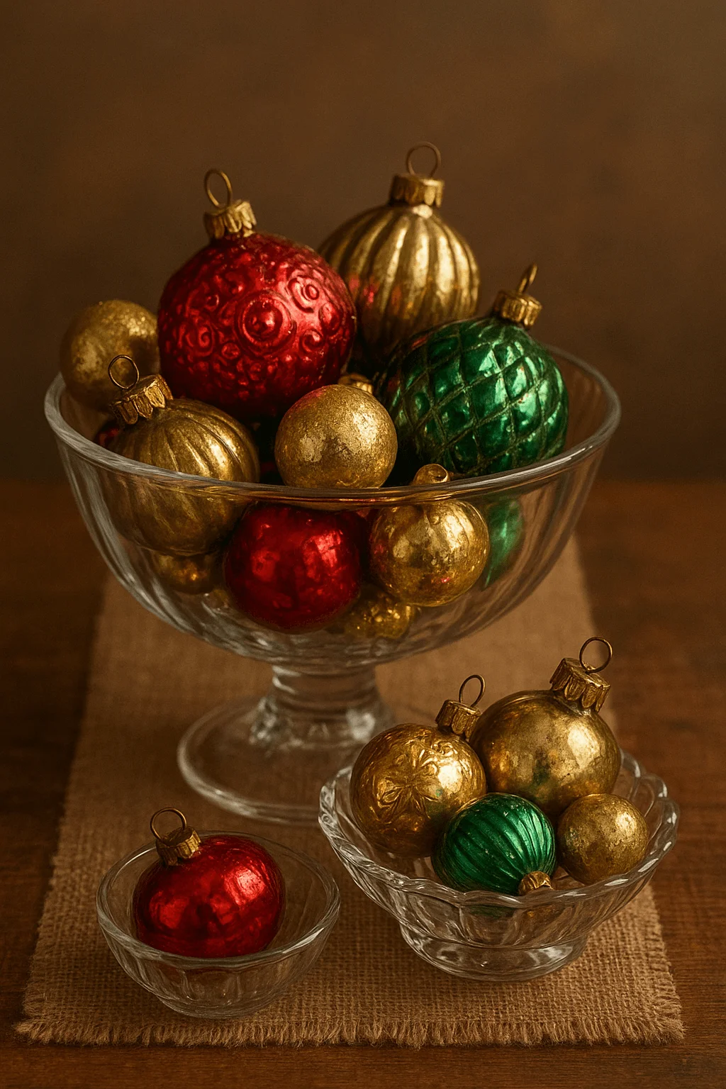 Vintage glass bowls filled with red gold and green Christmas ornaments used as a classic holiday table centerpiece
