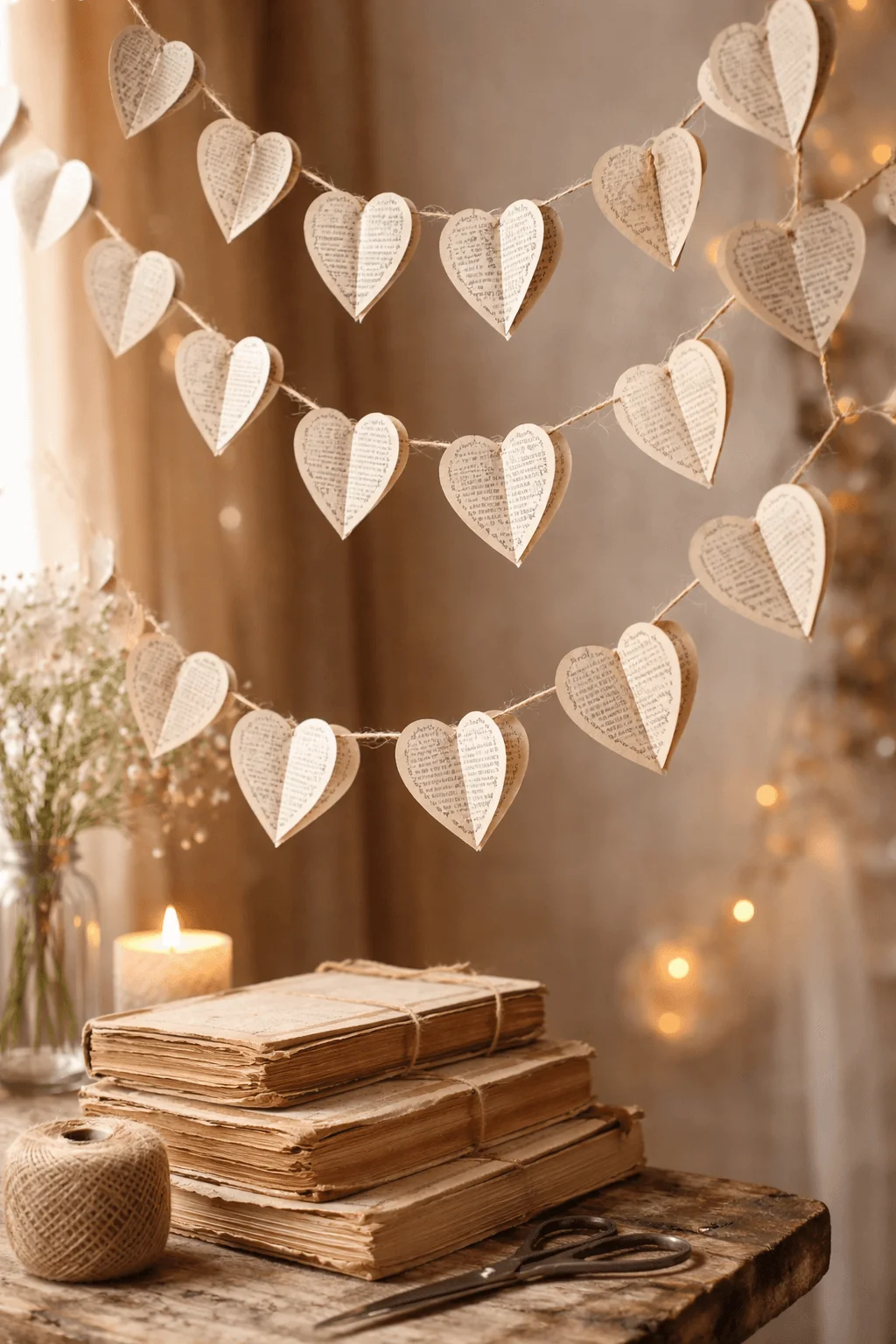 Vintage book page heart garlands hanging as rustic romantic paper decor with warm cozy home styling