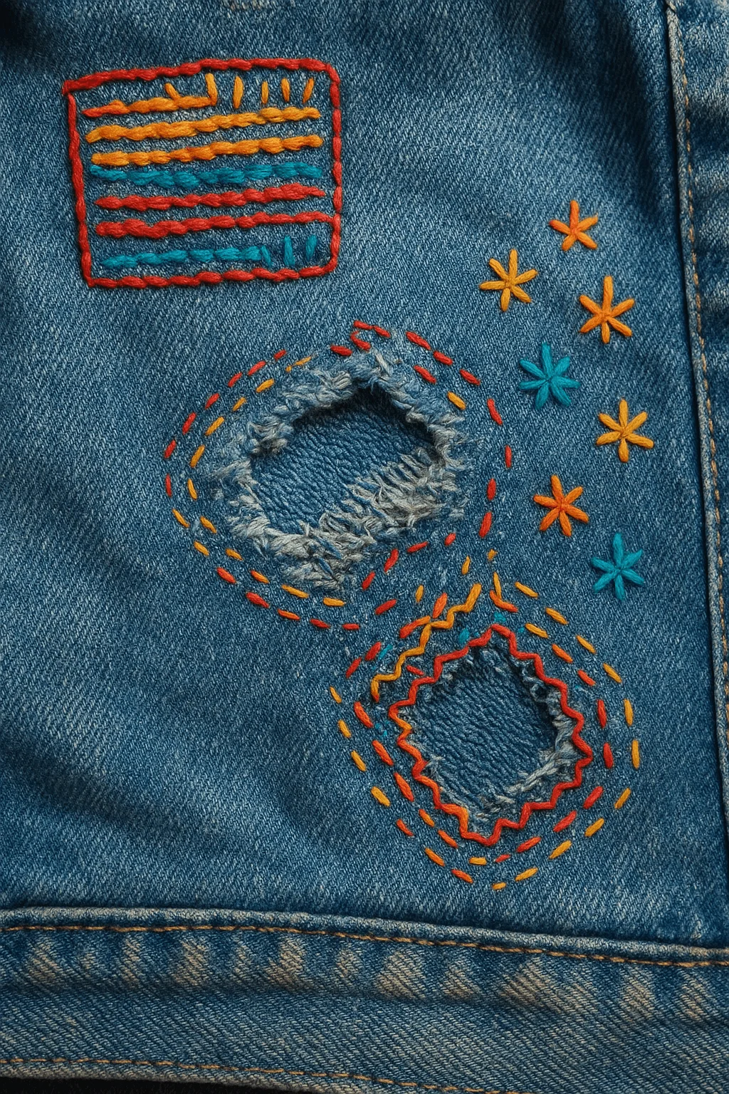 Visible mending embroidery on denim fabric showing colorful stitched patches decorative repair stitches and hand sewn details for sustainable fashion