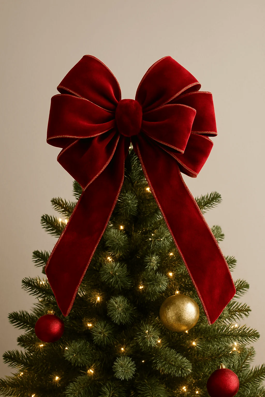 red velvet bow tree topper on a decorated Christmas tree with lights and ornaments
