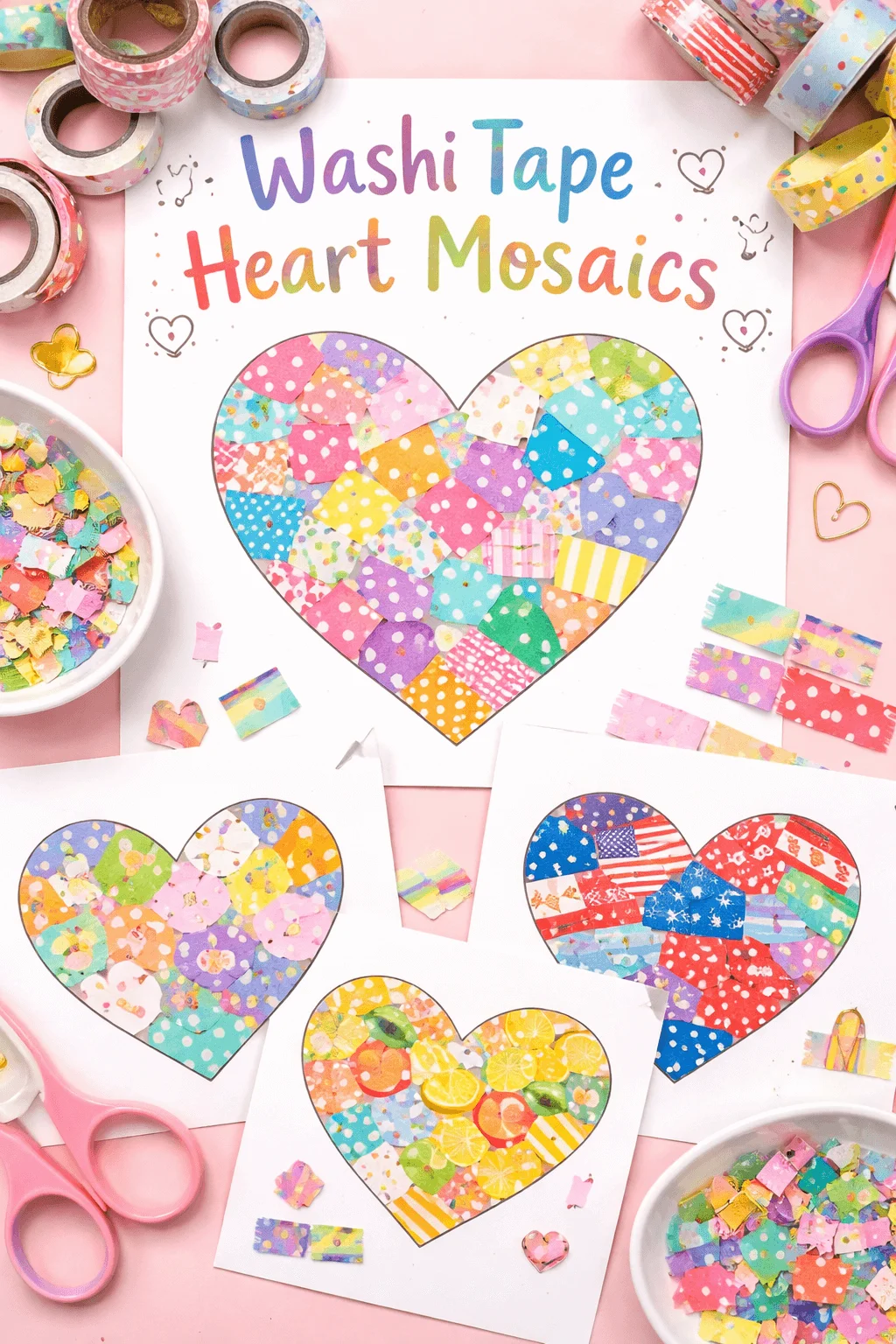 Washi tape heart mosaics craft with colorful patterned tape creating playful paper heart art for kids and creative DIY projects