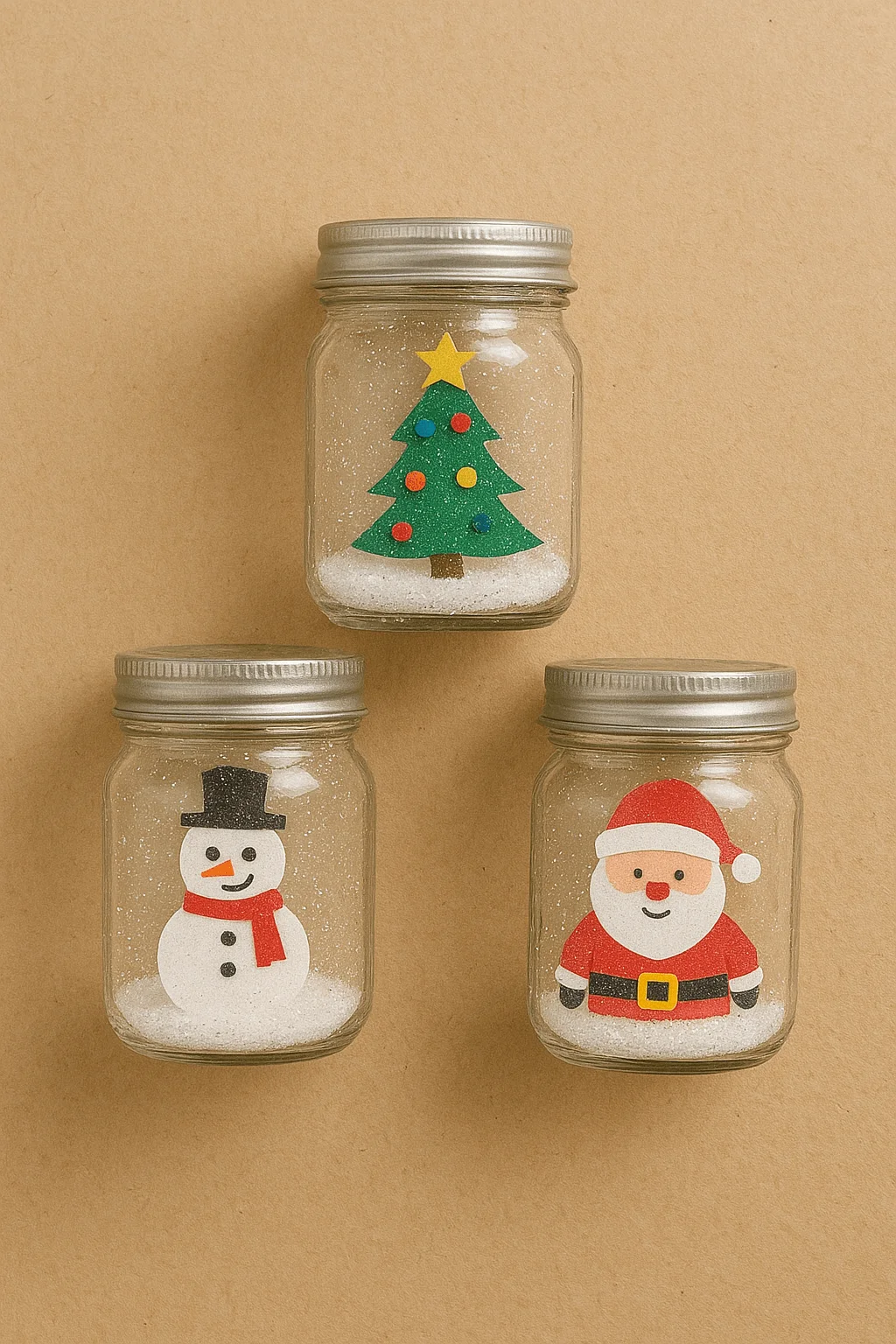 Three small jars with silver lids each display a flat paper holiday character, a Christmas tree, a snowman, and a Santa, standing in a layer of white faux snow against a plain brown background.