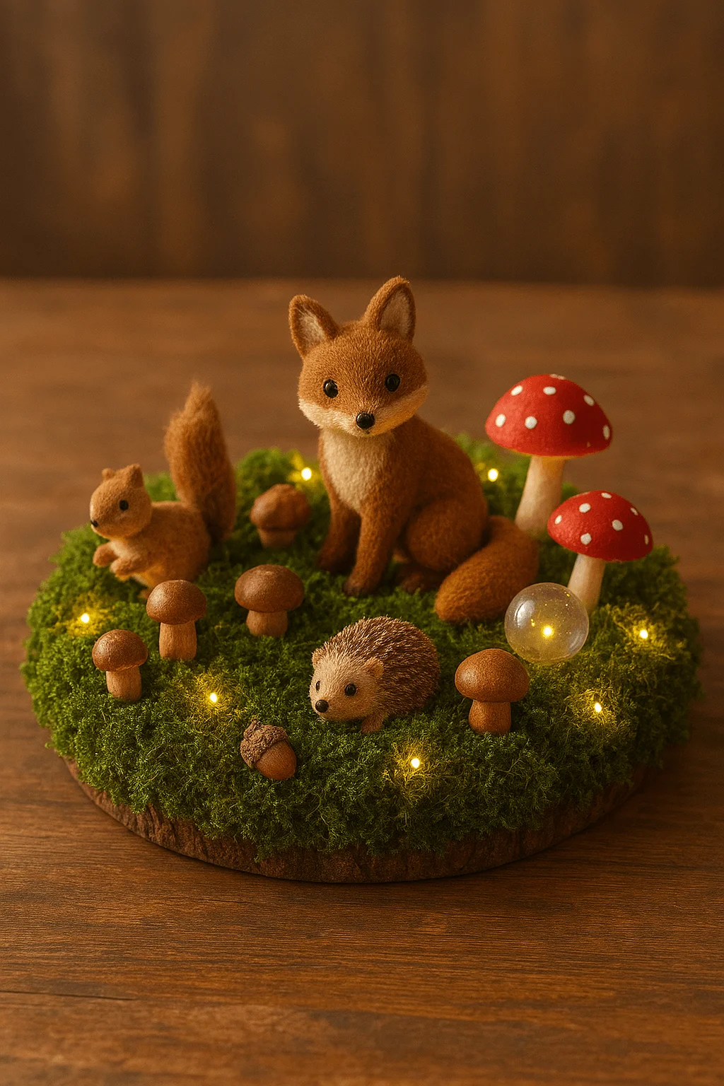 Whimsical woodland centerpiece with fox squirrel hedgehog mushrooms moss and warm fairy lights