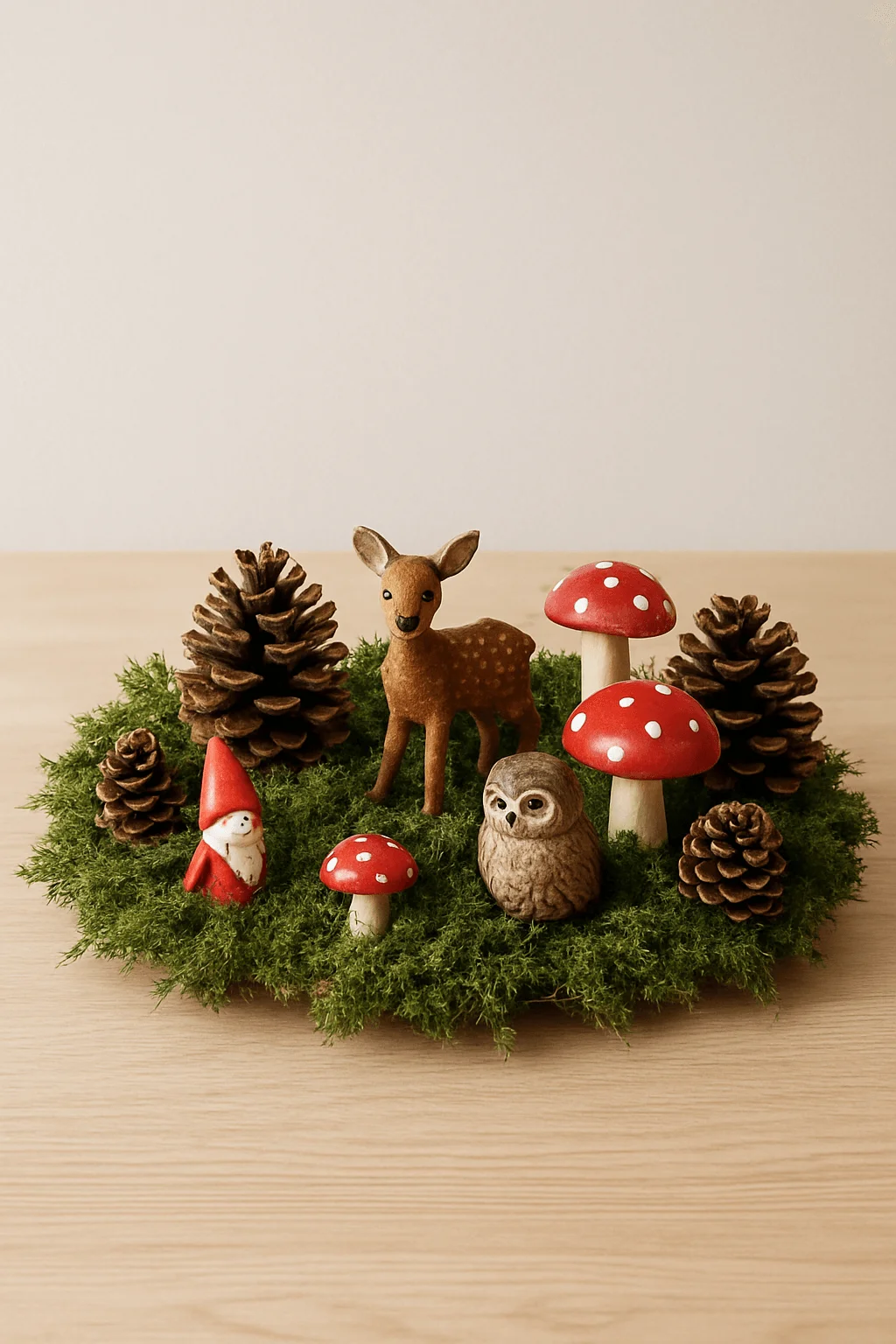 Whimsical woodland Christmas centerpiece with moss pinecones red toadstool mushrooms and miniature deer owl and gnome figurines