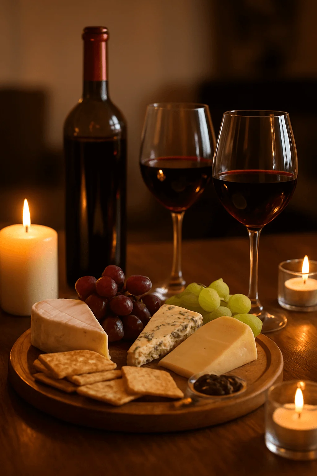 Cozy wine and cheese evening setup with red wine candles assorted cheeses grapes crackers and a wooden serving board on a warm dimly lit table.