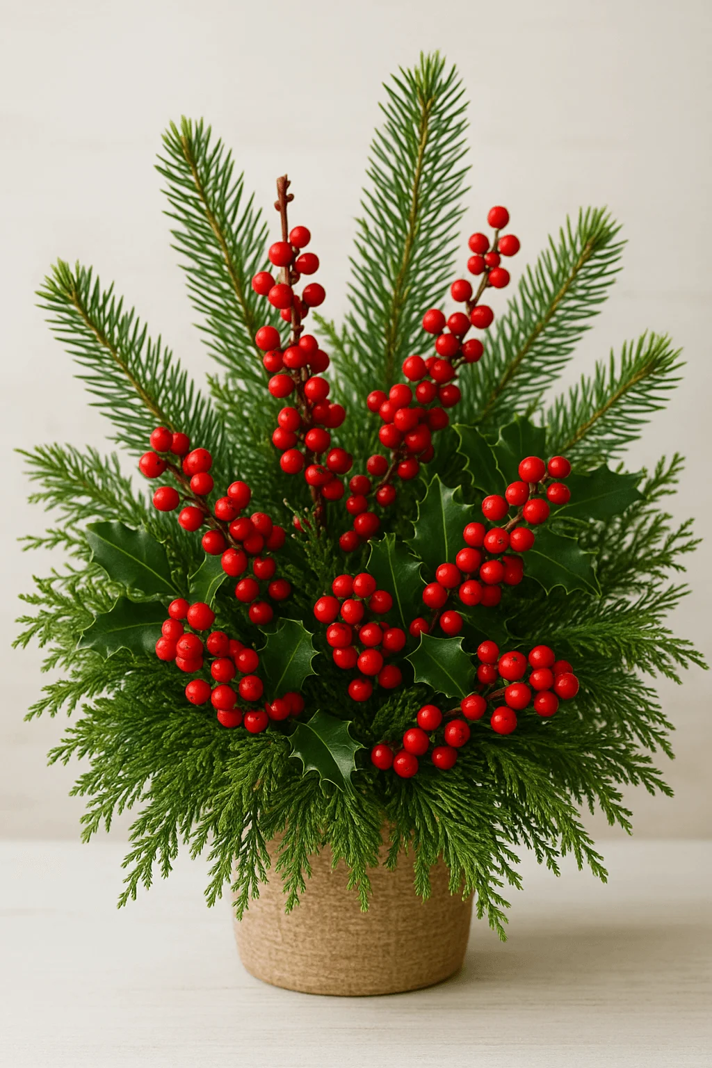 Winter floral arrangement with red berries holly leaves and evergreen branches displayed in a rustic natural pot on a light background