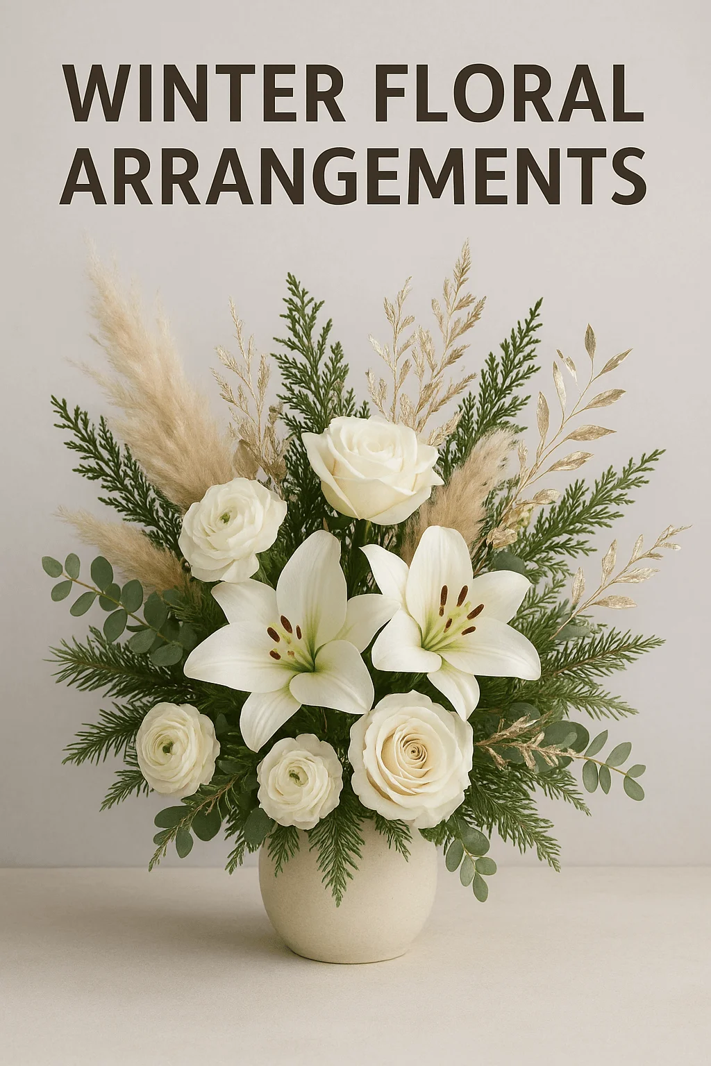 Winter floral arrangements featuring white lilies and roses with evergreen foliage in a minimalist ceramic vase on a neutral background