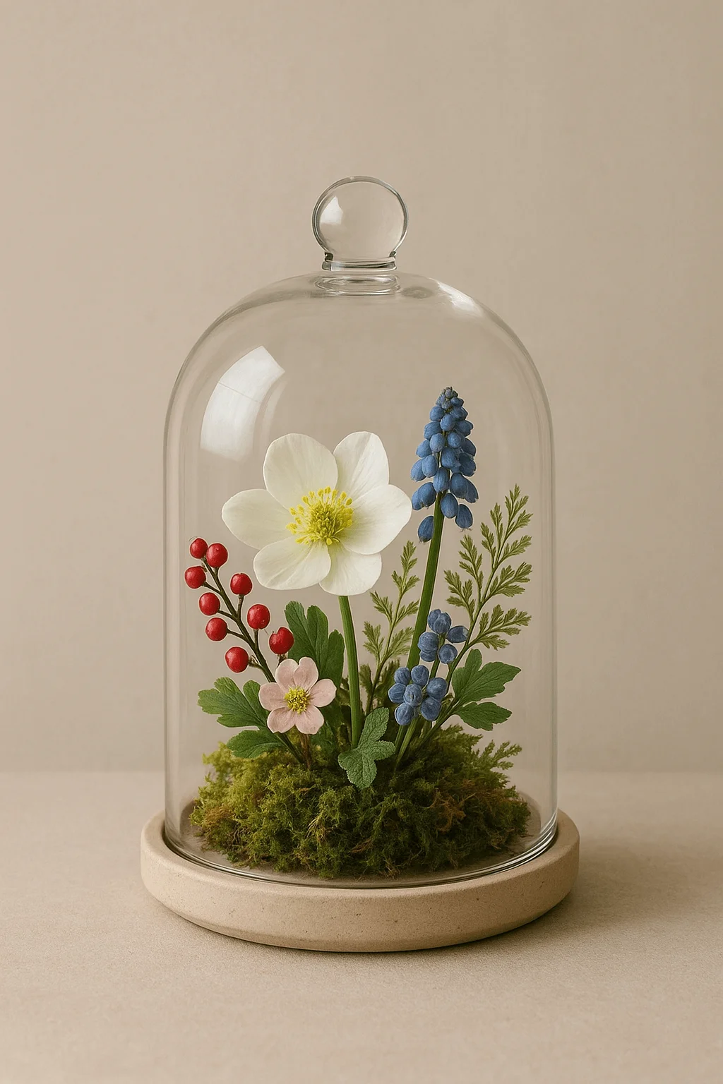 Winter floral cloche arrangement featuring delicate white and blush blooms blue grape hyacinth red berries and fern foliage nestled in soft moss under a clear glass dome on a neutral base