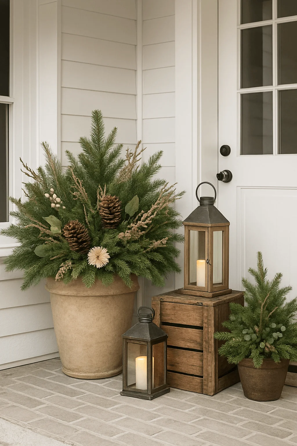 winter porch planters with evergreen arrangements pinecones wooden lanterns and rustic crates by a front door