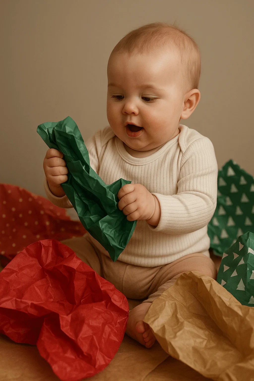 baby exploring colorful crinkled holiday wrapping paper while sitting on the floor