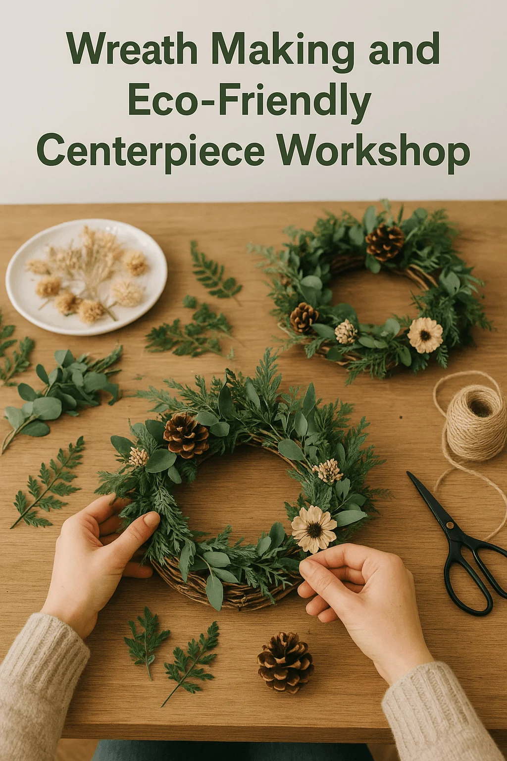 Hands arranging greenery pinecones and dried flowers to create natural wreaths on a wooden table for a wreath making and eco friendly centerpiece workshop.