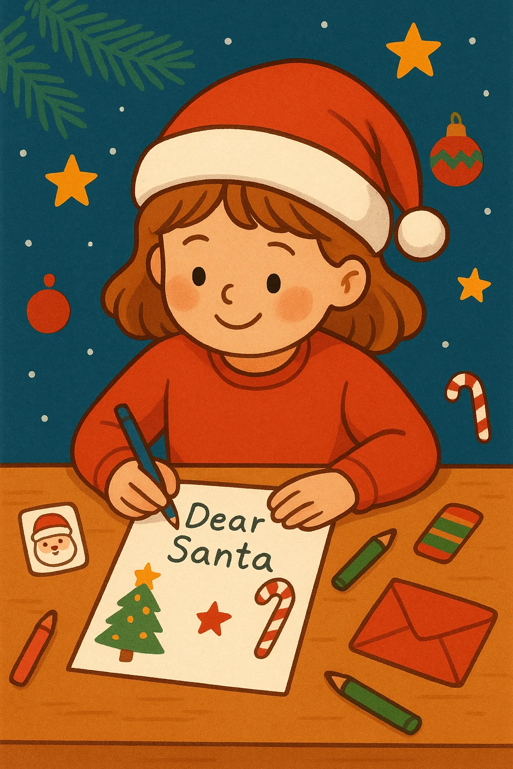illustration of a child in a santa hat writing a dear santa letter surrounded by crayons candy canes and festive decorations