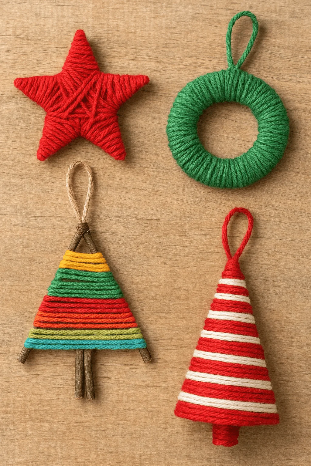 yarn wrapped christmas ornaments including a red star green wreath and two colorful yarn wrapped tree shapes on a wooden background
