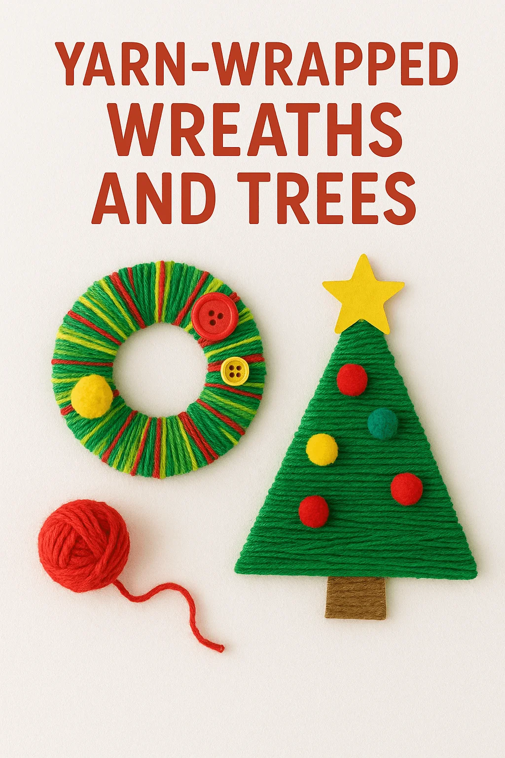 Yarn wrapped Christmas wreath and tree craft with colorful yarn buttons and felt decorations