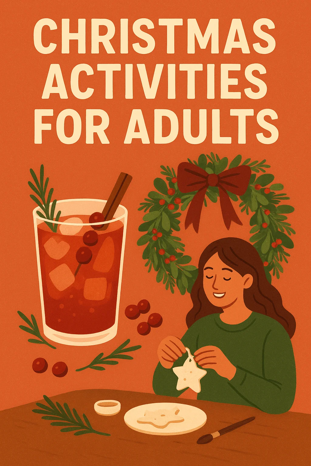 Christmas themed illustration showing a woman making a star shaped craft ornament at a table with greenery while a festive drink with cranberries and a cinnamon stick sits beside a holiday wreath in the background.