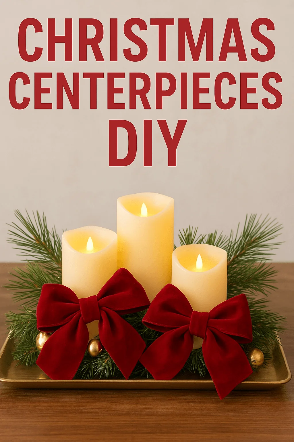 Christmas centerpiece with three glowing pillar candles red velvet bows evergreen sprigs and gold ornaments on a tray