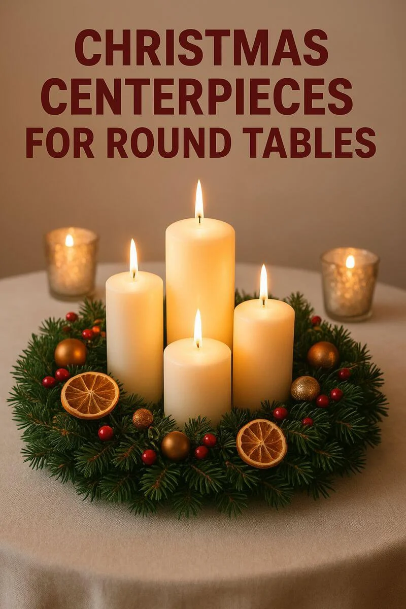 Elegant Christmas candle centerpiece with evergreen wreath dried oranges red berries and gold ornaments on a round table