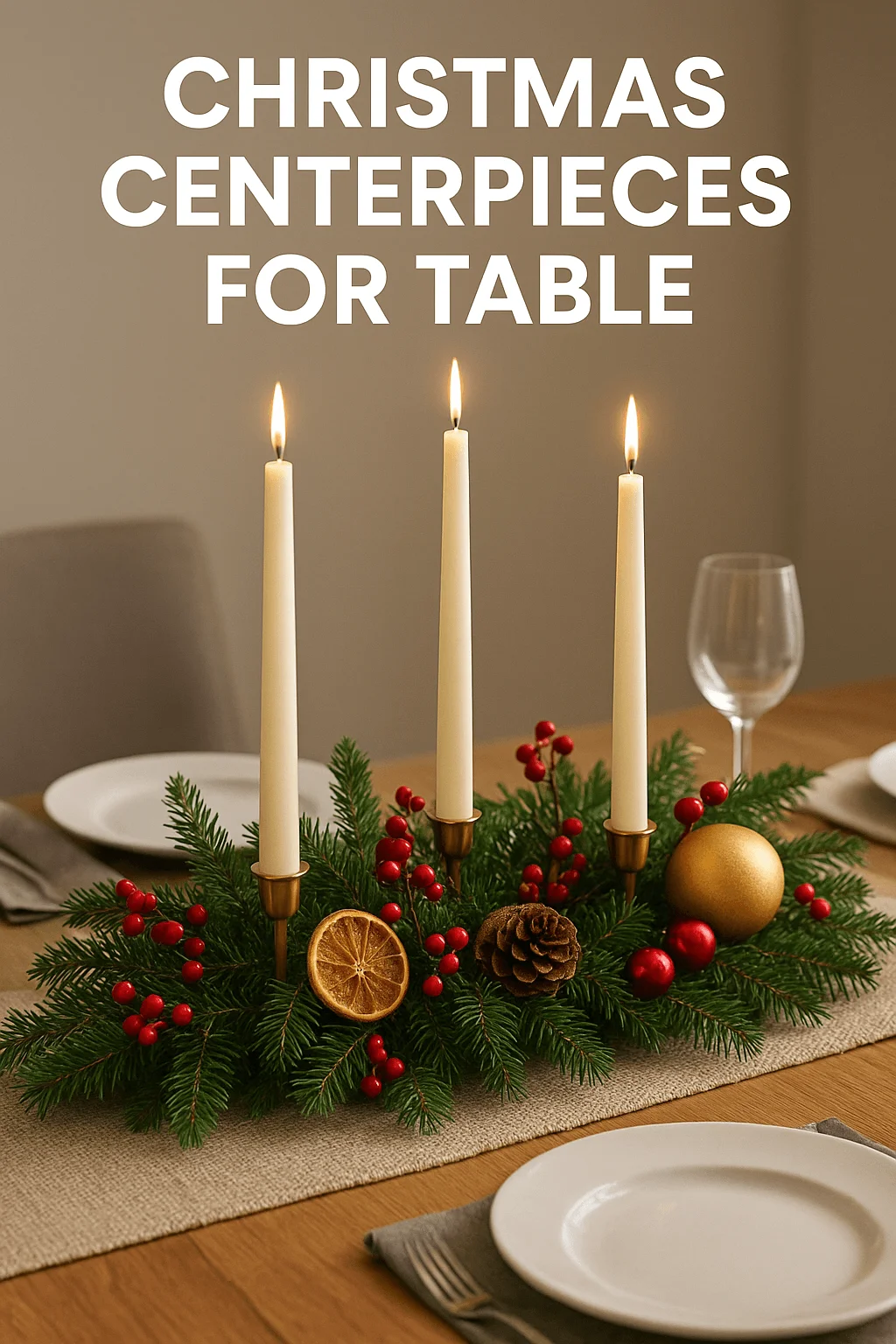Christmas table centerpiece with three lit taper candles evergreen branches red berries pinecone dried orange slice and gold ornament