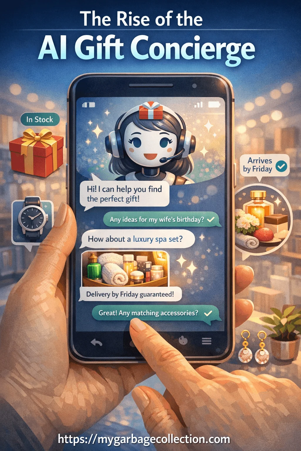 AI powered gift concierge chat experience showing smartphone chatbot helping find perfect gift with real time suggestions delivery guarantee and ecommerce shopping interface