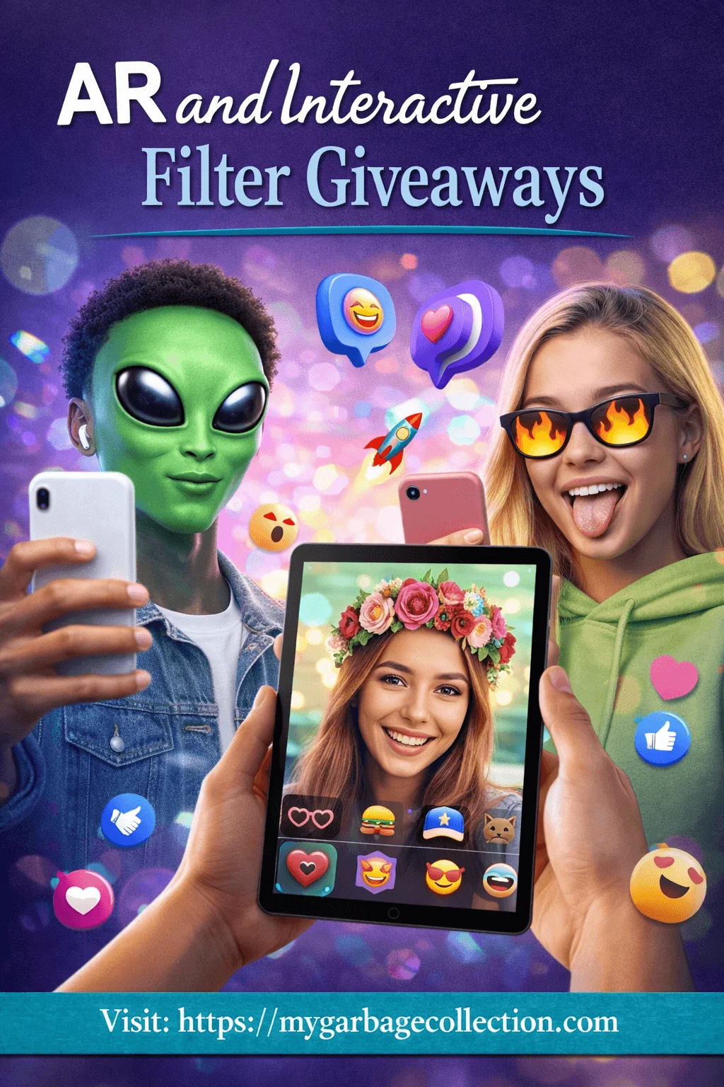 AR and interactive filter giveaways image showing two young people using smartphones and a tablet with augmented reality face filters including an alien face flame sunglasses emoji reactions floating icons and a smiling woman with a flower crown displayed on the screen against a colorful digital background with website url at the bottom