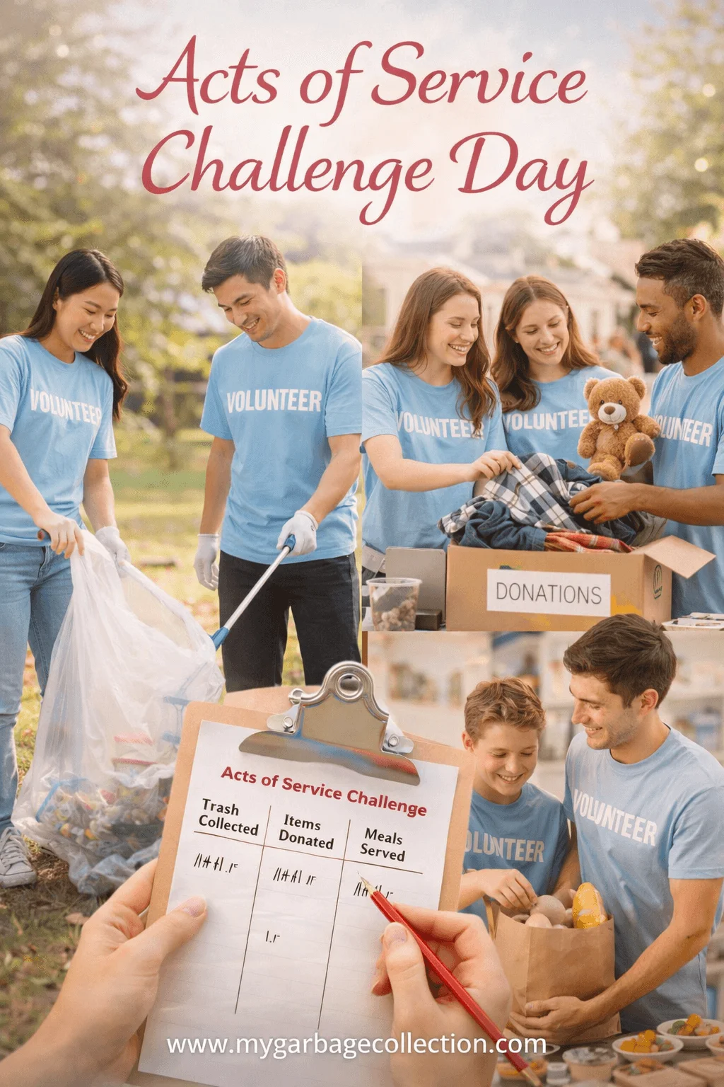 Acts of Service Challenge Day illustration showing volunteers working together through community cleanups clothing and food donations and meal service with a shared goal of spreading kindness teamwork and love through meaningful actions during Valentine spirit week