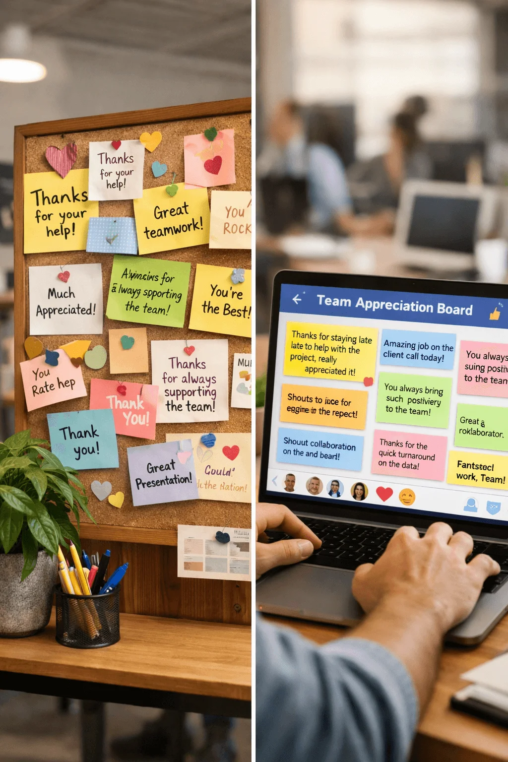 Corkboard covered with colorful appreciation notes and a laptop displaying a digital team appreciation board in an office setting