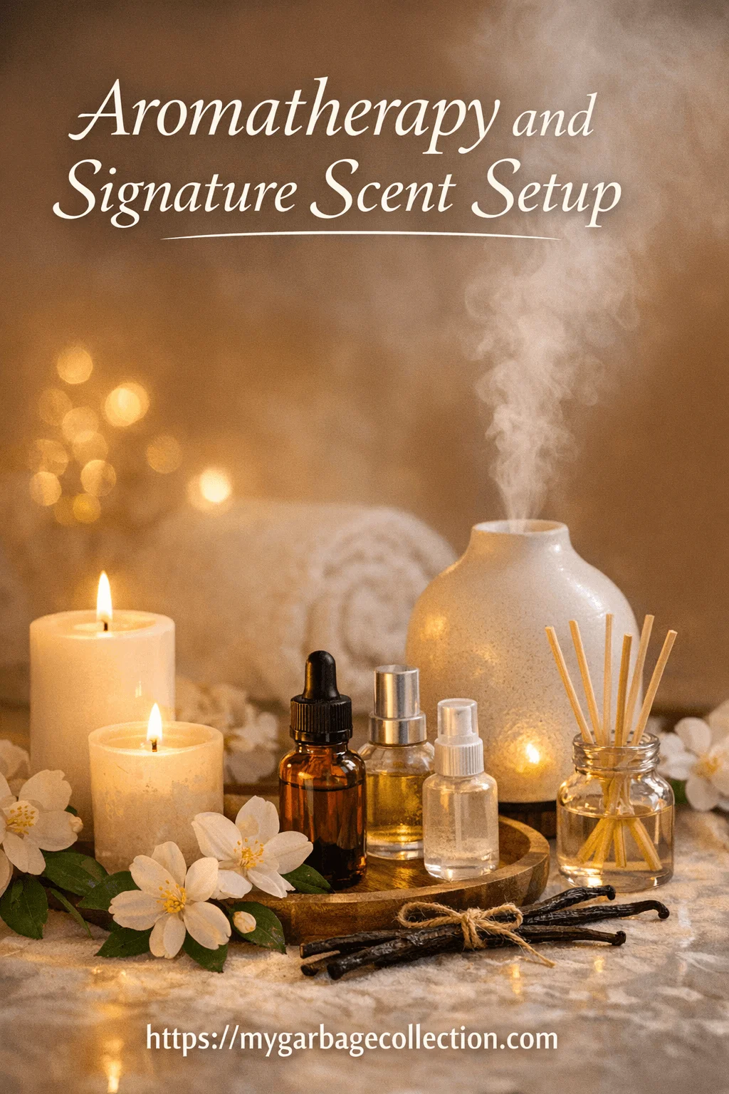 Aromatherapy setup with essential oil bottles reed diffuser steaming humidifier vanilla pods flowers and glowing candles creating a relaxing romantic Valentine mood