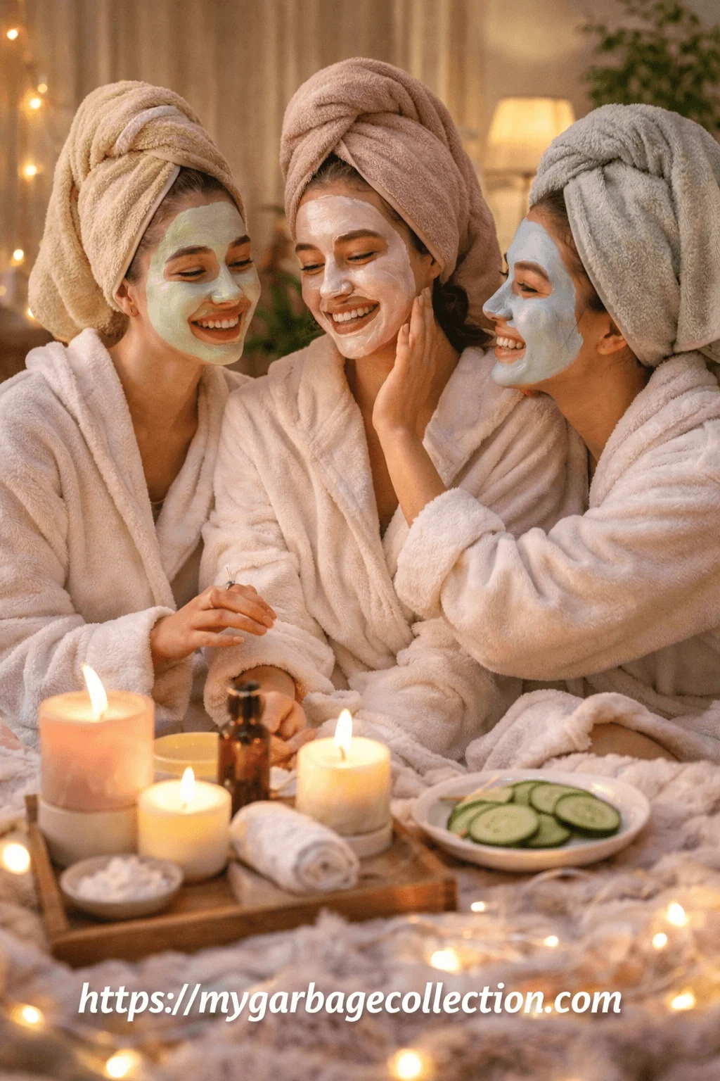 Friends enjoying an at home spa night wearing cozy robes and towels while applying face masks surrounded by candles cucumbers skincare products and warm lights creating a relaxing self care and friendship bonding experience