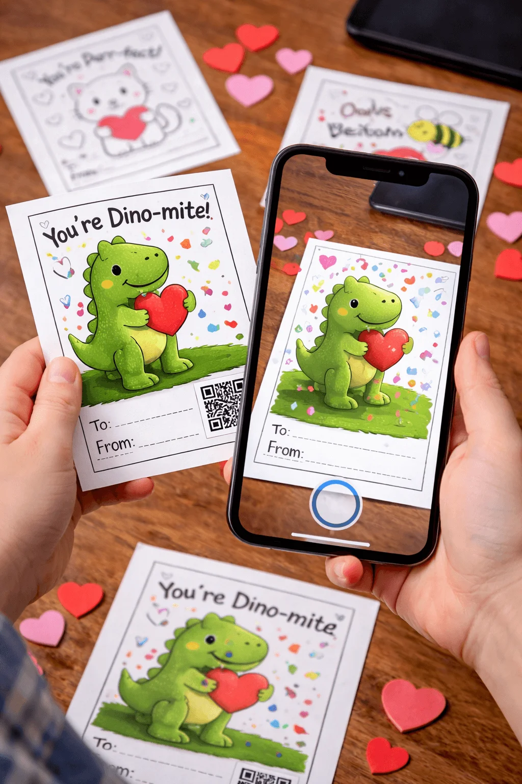 Augmented reality Valentine card with a cartoon dinosaur holding a heart being scanned on a smartphone on a wooden table with heart confetti