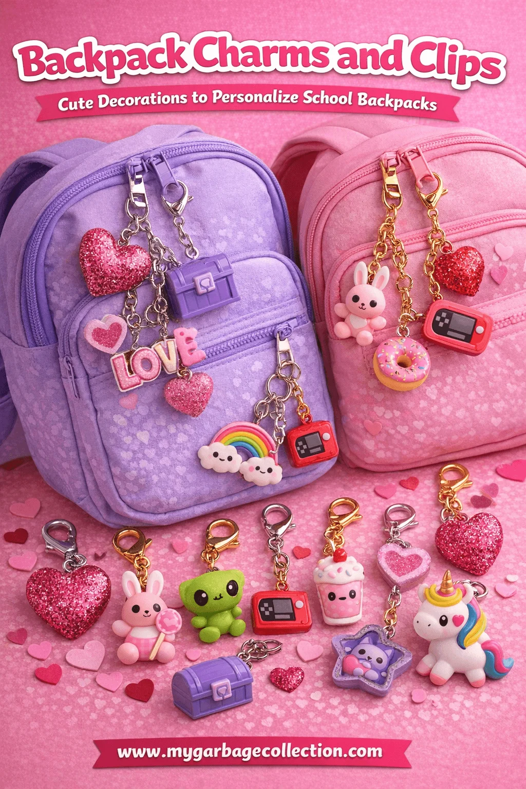 Backpack charms and clips featuring cute heart bunny unicorn rainbow and mini toy keychains attached to pink and purple school backpacks as Valentine goodie bag gifts for kids
