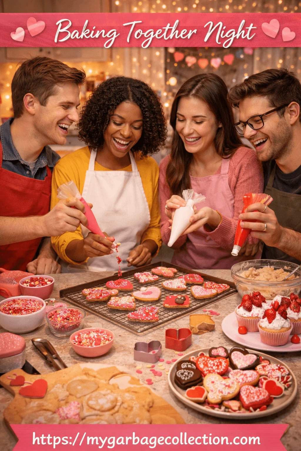 Friends laughing and baking together while decorating heart shaped cookies and cupcakes with pink icing sprinkles and frosting bags during a fun Valentines baking night at home surrounded by festive decorations and warm lights
