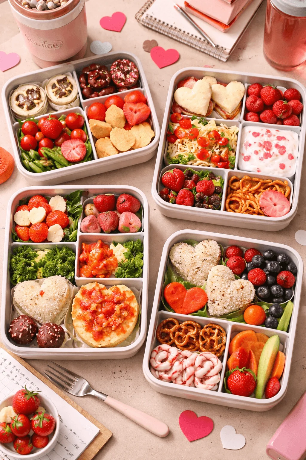 Bento style Valentine lunch boxes with heart shaped rice sandwiches fresh fruit salads vegetables pretzels and sweet treats