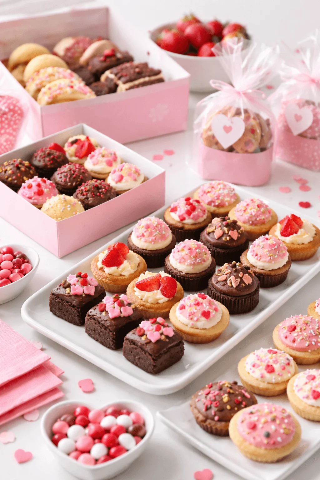 Bite sized Valentine desserts with mini cupcakes brownies cookies and pink themed sweet treats on a dessert table