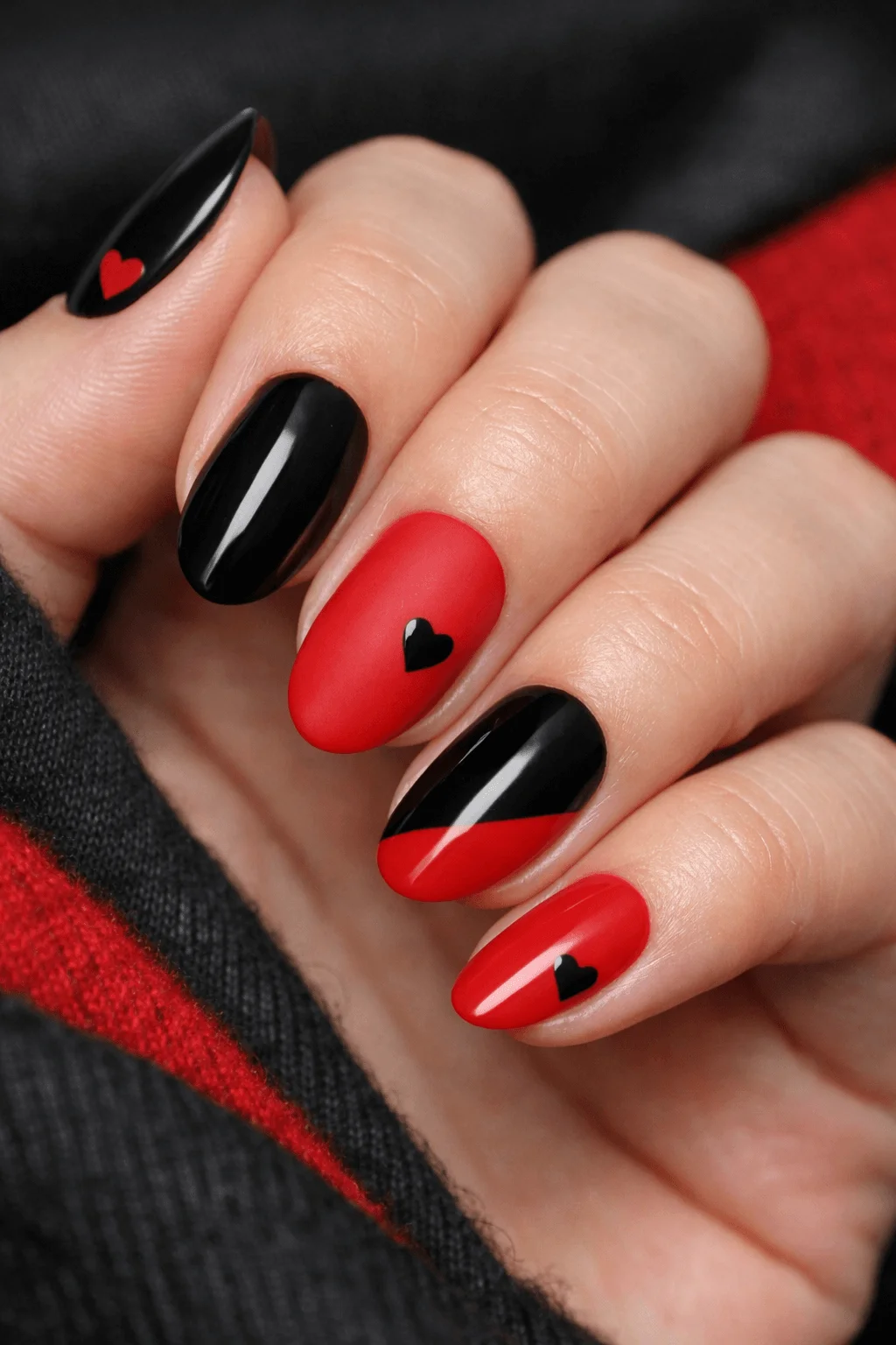 Close up of a hand with glossy black and red almond shaped nails featuring minimal heart accents and bold color blocking for a chic modern Valentine look