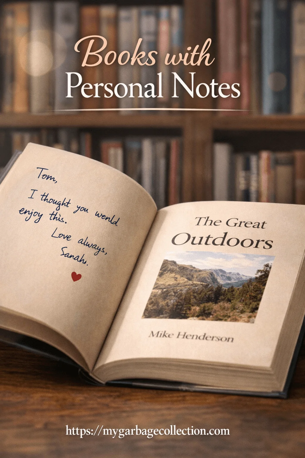 Open book on a wooden table with a handwritten personal note inside and a heart symbol on the left page a book cover titled the great outdoors on the right page bookshelves in the background text reading books with personal notes at the top and a website link at the bottom