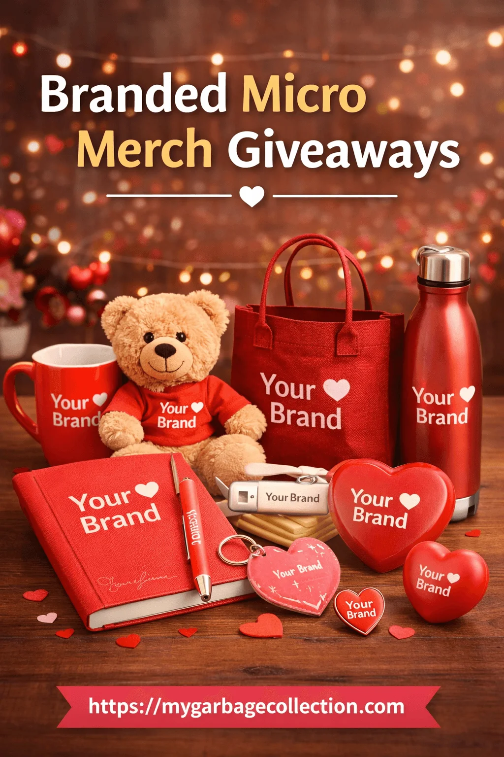 Branded micro merch giveaways image featuring red promotional items including a teddy bear mug tote bag water bottle notebook pen keychains and heart shaped gifts all labeled with brand text arranged on a wooden table with warm festive lights in the background and website url displayed at the bottom