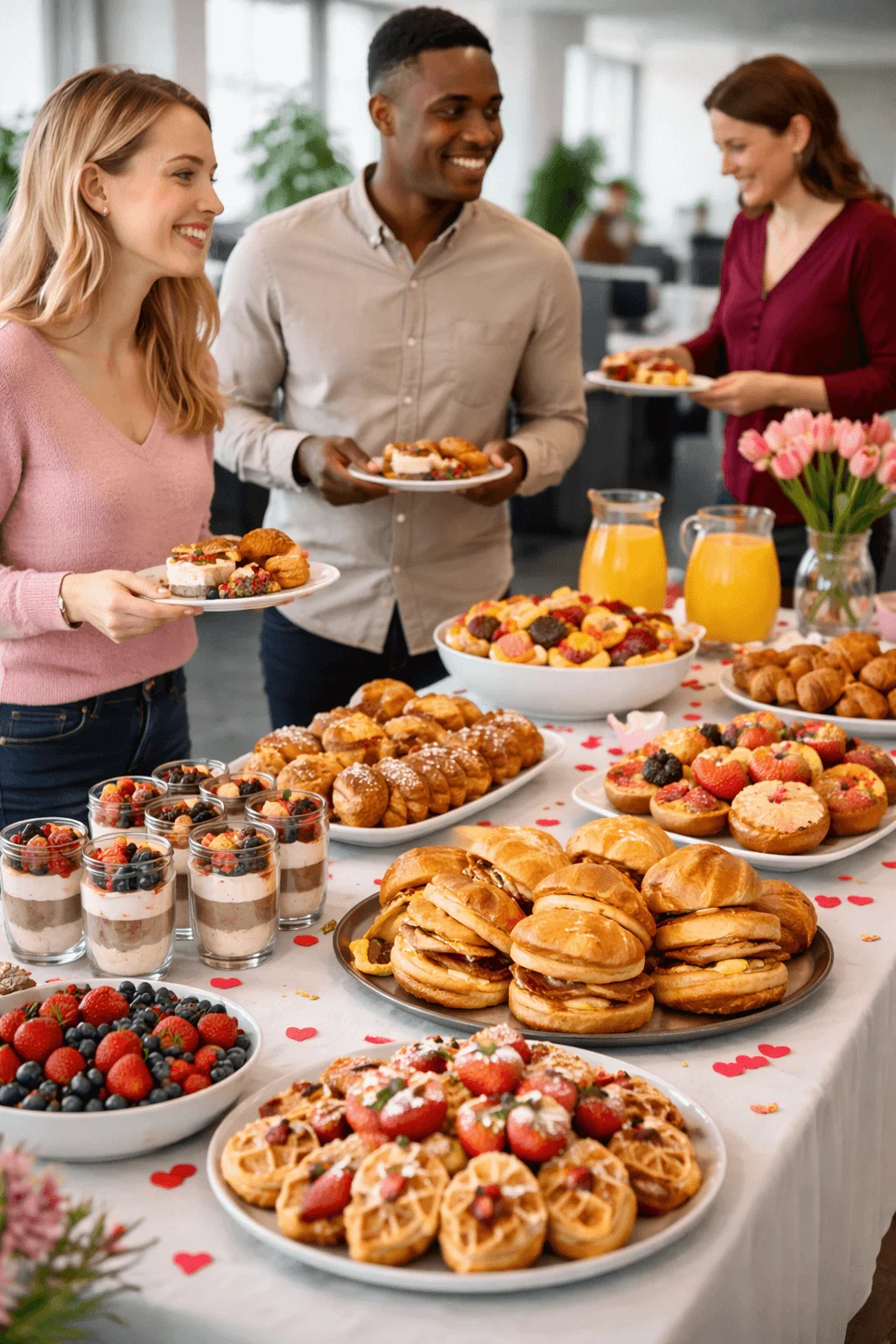 Office breakfast for lunch Valentine spread with waffles mini burgers parfaits croissants fruit bowls and juice pitchers shared by coworkers