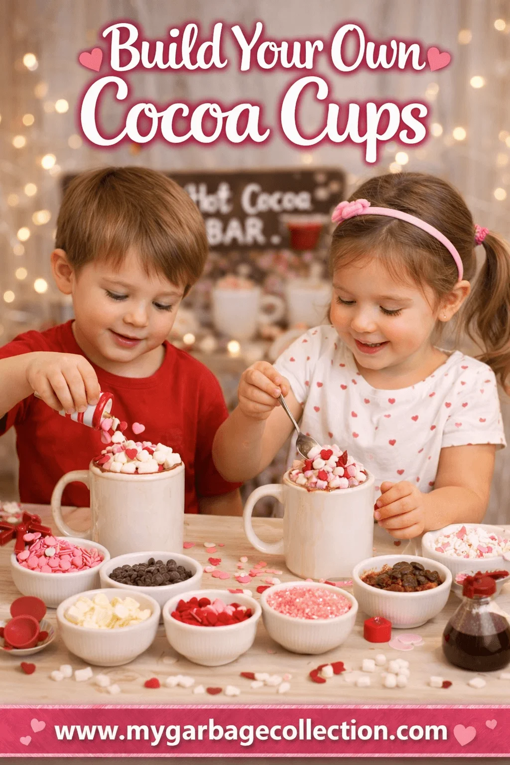 Build your own cocoa cups activity showing two young children decorating hot chocolate with marshmallows sprinkles and Valentine themed toppings at a festive cocoa bar with mygarbagecollection.com displayed at the bottom