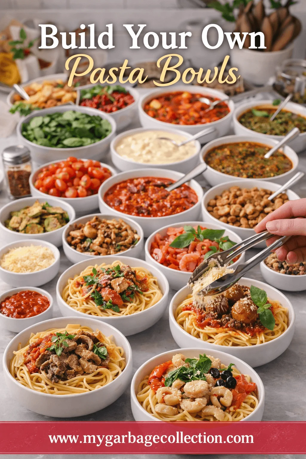 Build your own pasta bowls station with multiple white bowls filled with spaghetti different sauces vegetables proteins herbs and toppings arranged on a table a hand adding cheese to a bowl headline text build your own pasta bowls at the top and website www.mygarbagecollection.com
 displayed at the bottom