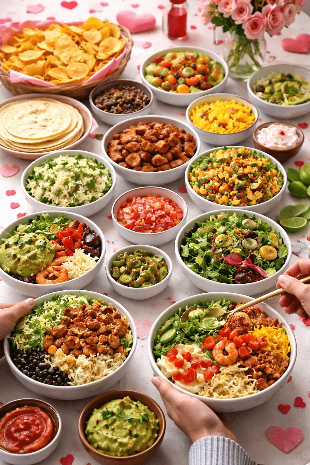 Build your own taco or bowl lunch spread with tortillas chips rice beans grilled chicken shrimp fresh vegetables and toppings