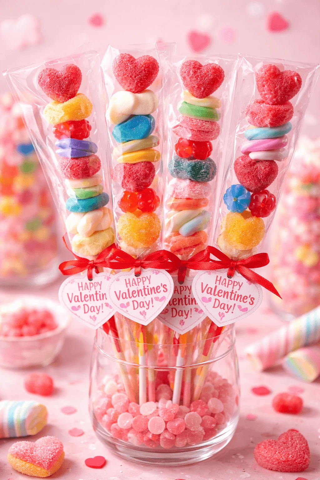 Candy kabob Valentine treats made with stacked heart shaped gummies, marshmallows, and colorful candies on sticks, wrapped in clear bags with red ribbons and “Happy Valentine’s Day” tags.
