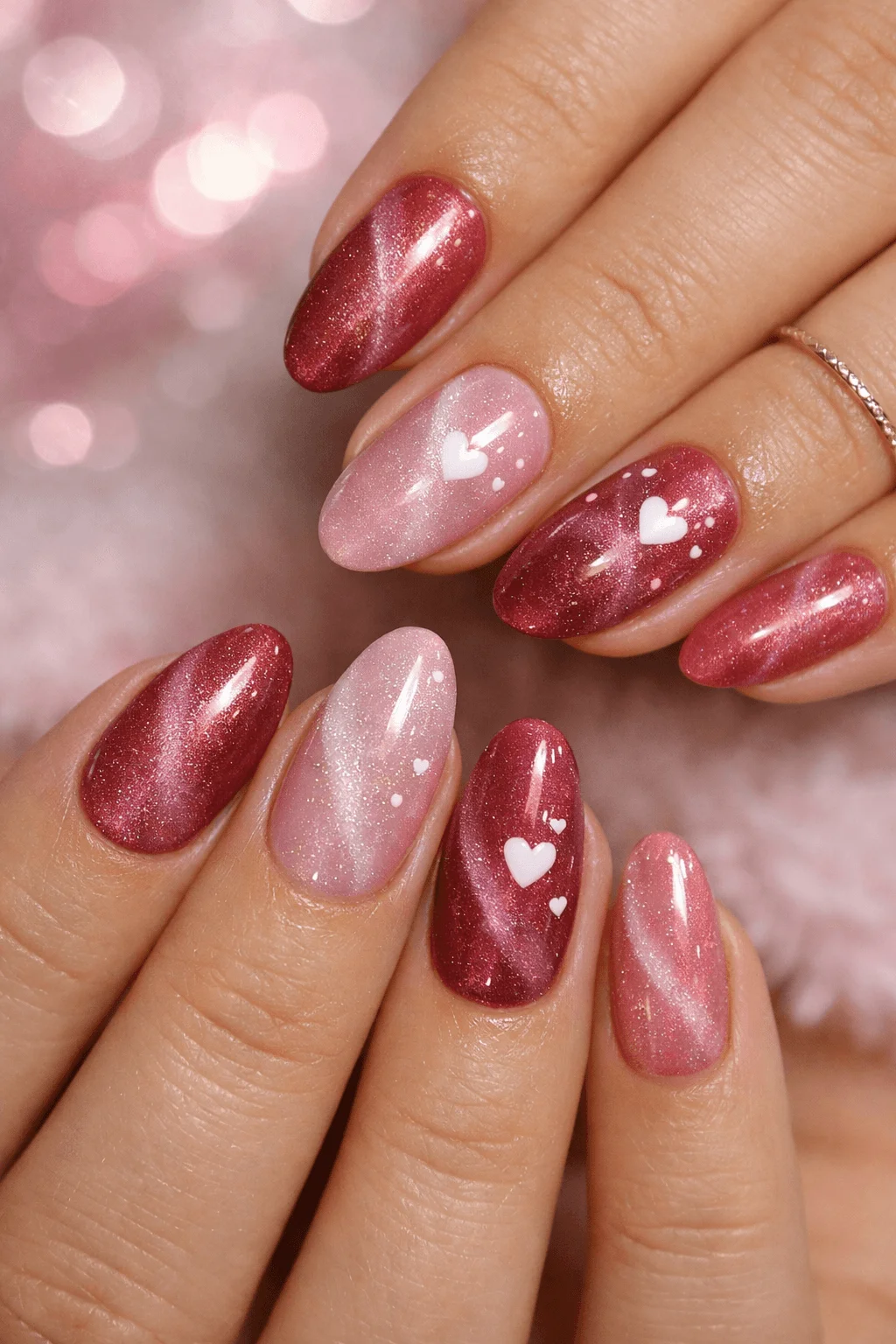 Close up of two hands with glossy cat eye nails in deep rose and soft blush shades featuring tiny white heart accents and a dreamy pink bokeh background