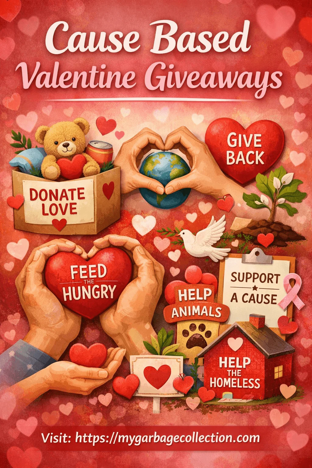 Cause based Valentine giveaways illustration showing hands holding hearts globe and donation symbols with donate love feed the hungry help animals help the homeless give back messages teddy bear food box dove charity icons heart shapes warm red background and website URL at the bottom