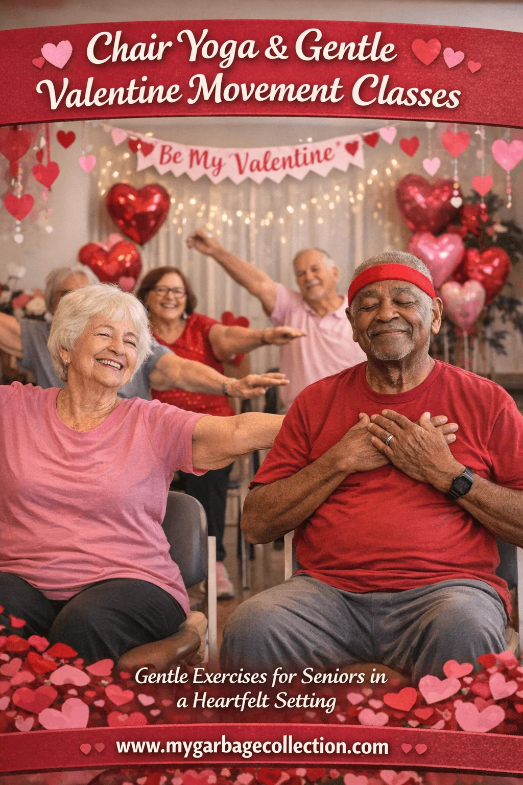 Chair yoga and gentle Valentine movement classes showing seniors seated in chairs doing light stretching breathing exercises and smiling together in a heart decorated festive room