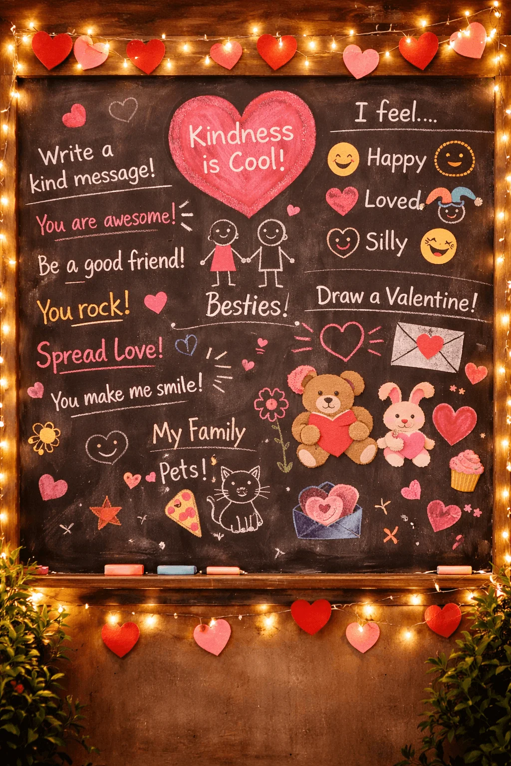 Chalkboard display framed with string lights and heart garlands, encouraging kindness with messages like “Kindness is Cool,” “Write a kind message,” “Spread Love,” and “Draw a Valentine,” decorated with cute drawings of friends, pets, hearts, and smiles.