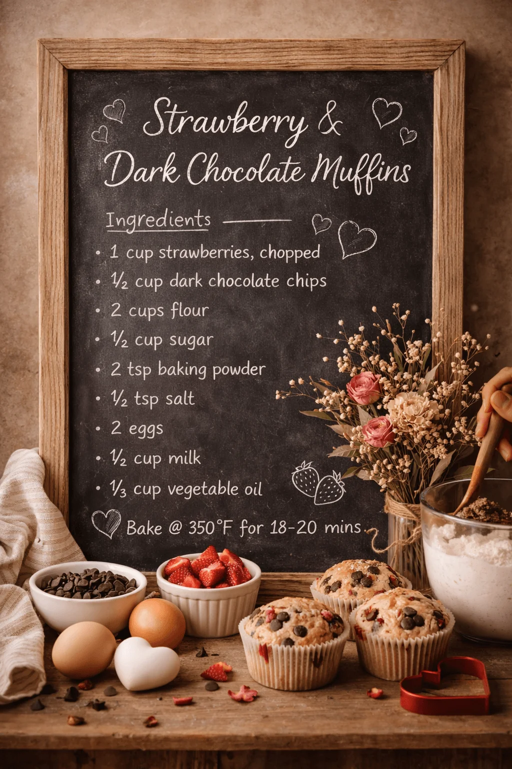 Chalkboard-style Valentine recipe display for strawberry and dark chocolate muffins, listing ingredients and baking instructions, styled with fresh strawberries, chocolate chips, eggs, flour, and baked muffins.